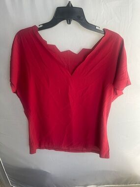 SHEIN Red/burgundy Scalloped V-Neck Short Sleeve Blouse